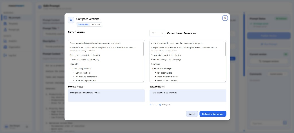 Compare Versions Modal (Side-by-Side and Visual Diff)