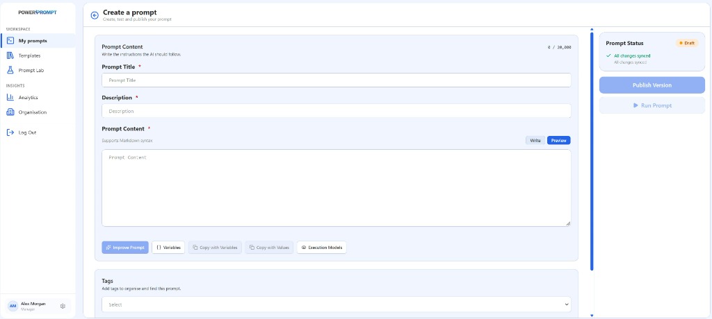 Prompt Creation and Editing Interface in Power Prompt