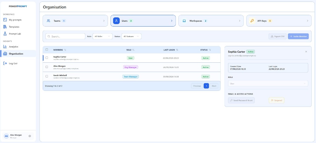 User Management Console in the Organisation Menu